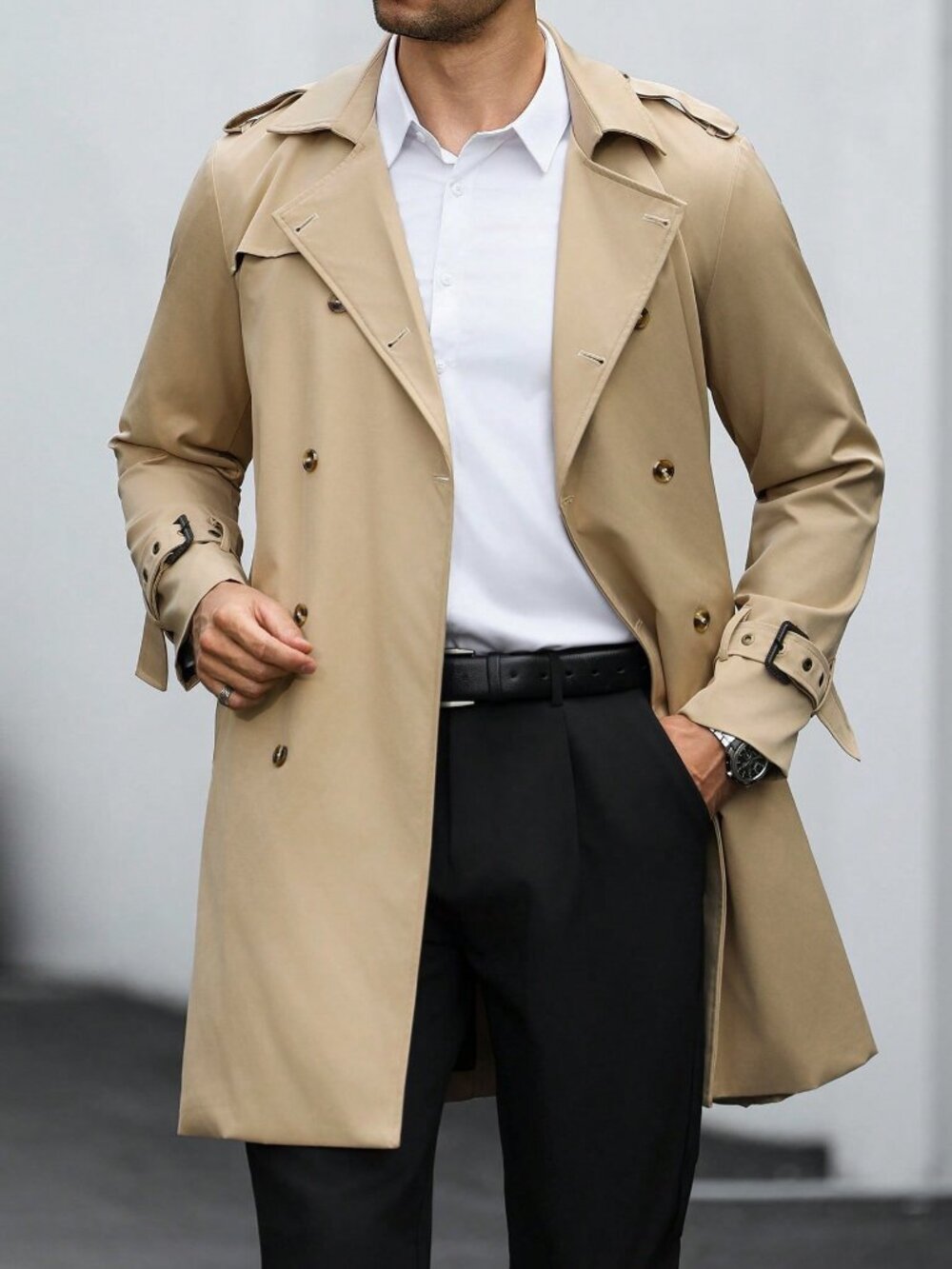 Khaki Business Commuting Men's Casual Loose Fit Trench Coat - Picture 6 of 7